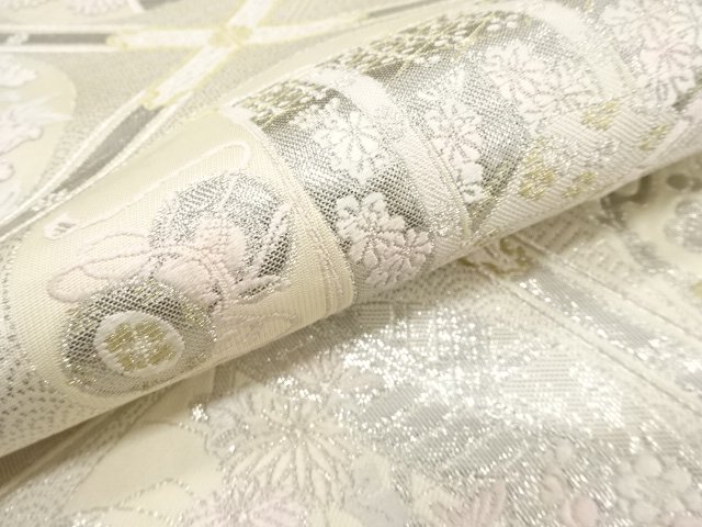  格天井に草花・屋敷風景模様織り出し　袋帯